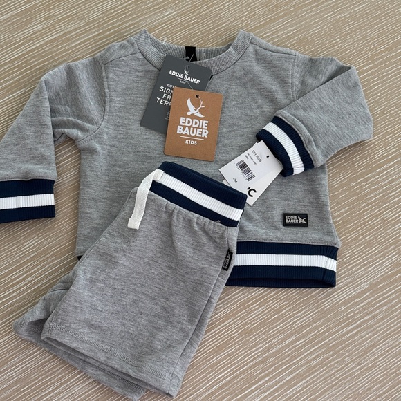 Eddie Bauer Other - Eddie Bauer Grey Baby Boy Sweatshirt Hoodie and Shorts Set with Navy Trim 12 M
